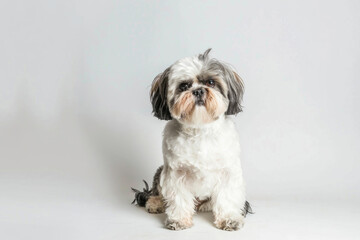 A Shih Tzu dog poses elegantly against a pristine white backdrop