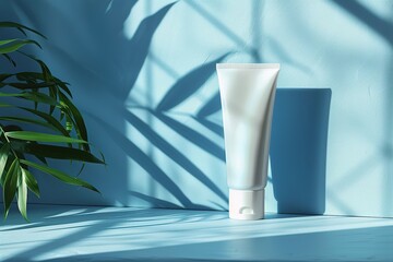 A white empty mockup of a plastic cosmetic tube stands near a blue wall with the shadow of palm leaves on it - obrazy, fototapety, plakaty