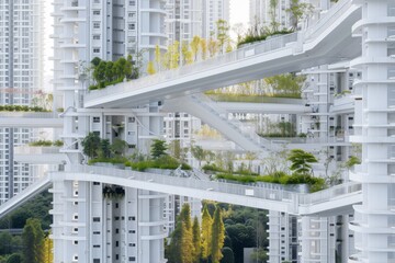 A visionary urban landscape merges high-rise buildings with verdant hanging gardens, creating a harmonious blend of nature and architecture. 