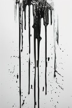 Vertical abstract textured surface of dripping black paint on white rough wall