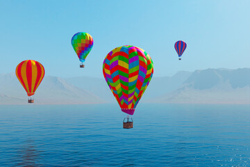 Fototapeta premium Multi-colored hot air balloons over the lake surrounded by mountains. Blue sky.
