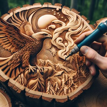 Wood burning pictures of wild birds into wooden trunk by hand of a worker