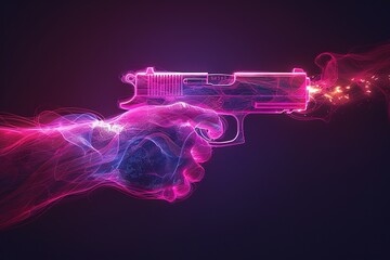Abstract illustration of a hand with a pistol with smoke after shot in purple and blue neon colors - obrazy, fototapety, plakaty