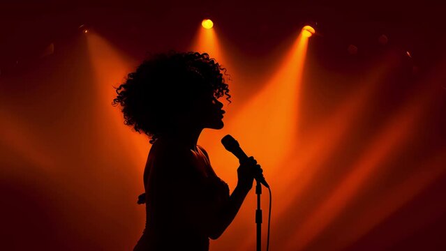 Silhouette of a jazz singer performing at a concert with orange light show
