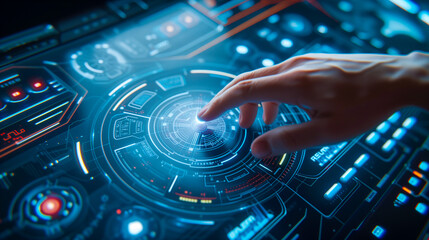 Obraz premium Futuristic touchscreen interface being used by a person with glowing blue graphics