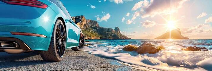 Scenic panoramic view from ground of a blue car on the seashore with the sun rising over the green...