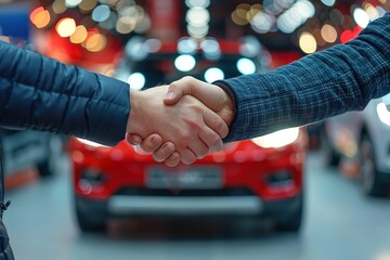 Good deal handshake close up on blurred background of new car for sale in a showroom - obrazy, fototapety, plakaty