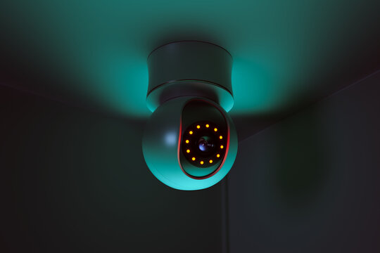 Smart camera working. Motion detection. Home security. Remote control. Ceiling