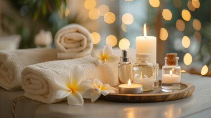 Fototapeta na wymiar Spa Wellness Set with Aromatic Candles. Relaxing spa set with towels, candles, and oils for wellness therapy.
