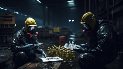 Group of ecologists working on dump evaluating pollution damage. Two male scientists in protective suits examining toxic waste and estimating pollution in tons of garbage. - obrazy, fototapety, plakaty