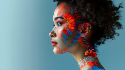 Portrait of woman with artistic red and blue face paint. Creative makeup and beauty concept. Design for fashion magazine, artistic expression, makeup artistry