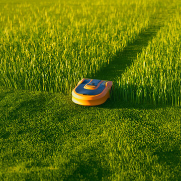 A lawn robot in the middle of the grass yard. Efficient robotic lawnmower bot.