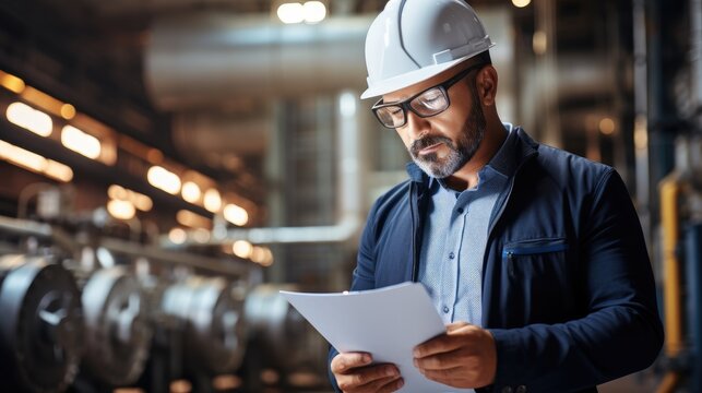An electrical engineer wearing a safety helmet is inspecting technical blueprints at a hydroelectric power plant within a dam.