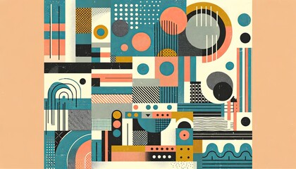 Abstract background in style of risograph prints. Minimalism, 90s and 80s style Retro-Modern Mashup. Fusion Design where Vintage Meets Modern. Grainy textures and geometrical shapes.