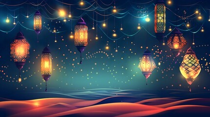 Fototapeta na wymiar Vibrant Psychedelic Lanterns Light Up Desert Sky for Ramadan Celebration, To provide a unique and eye-catching digital painting and drawing featuring