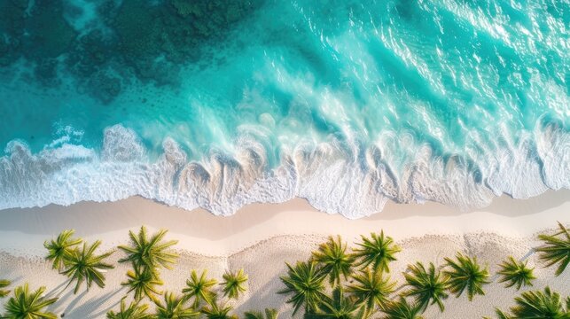 An aerial view captures the stunning beauty of a tropical beach, with crystal-clear turquoise waters meeting a pristine sandy shore, lined with lush green palm trees.