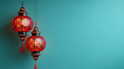 Foto op Plexiglas Colorful Oriental Lanterns Hanging on Turquoise Wall, To add a touch of cultural elegance and festive cheer to any interior design project, website, © Thanaphon