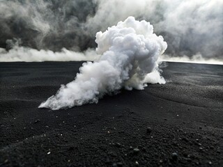 Fototapeta premium The plain black sand floor has white smoke clouds contrasting with the white generative ai