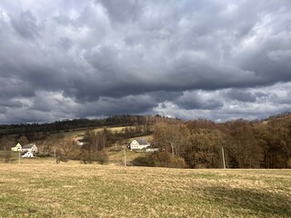 Obraz premium Zleb, Hanusovice, Czech 4 March 2024: beautiful Czech nature and the village of Zleb in the Czech mountains