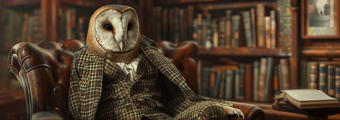 Foto auf Acrylglas A wise owl dressed in a bespoke tweed suit perched atop a leather chair against a backdrop of bookshelves embodying scholarly business acumen © Thanaphon