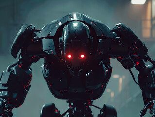 An aggressive robot preparing to engage leaning into the lens arms relaxed but alert eyes emitting a dangerous glow