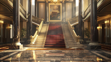 Art Deco grand hotel staircase sweeping marble floors with a lush red carpet adorned with elegant...