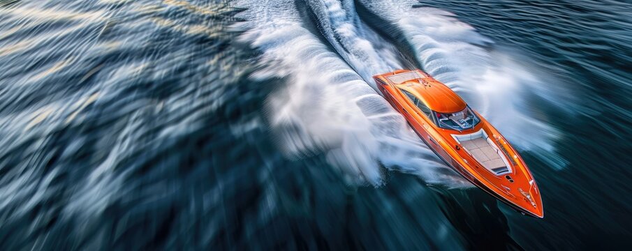 Aerial angle capturing a speedboat racing water patterns trailing showcasing velocity and freedom