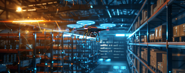 Smart warehouse interior with drones and robotic arms illuminated by a mesh of glowing lines representing the speed and connectivity of 6G technology