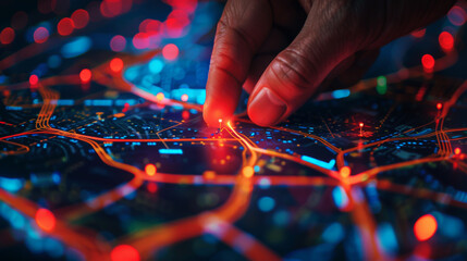 Digital Nexus: Finger on the Pulse of Smart City Networks.
Close-up of a finger poised over glowing network nodes on a digital map, symbolising urban connectivity and data management.