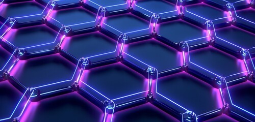 abstract background, neon lights chain network of hexagon shapes