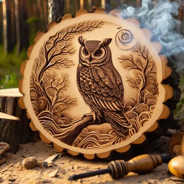 Wood burning pictures of wild birds into wooden trunk by hand of a worker