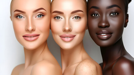 Three women with diverse skin tones in a beauty concept. Diversity and inclusivity in beauty industry concept. Design for campaign, beauty brand, cosmetics advertisement