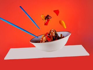 Bowl of flying stir fry with a red gradient background.