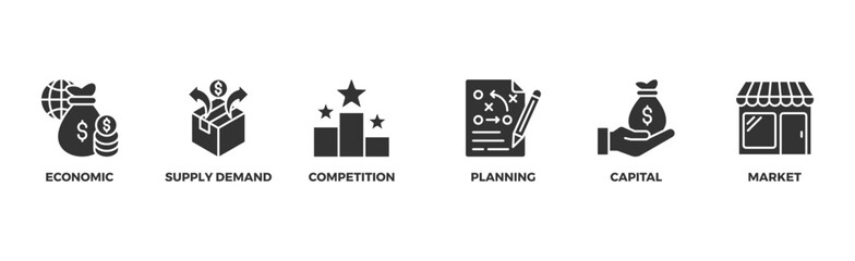 Market economy banner web icon illustration concept with icon of economic, supply demand, competition, planning, capital, market