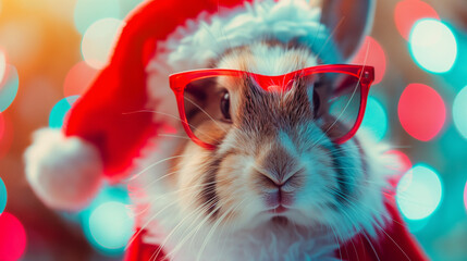 Cute Easter bunny dressed and disguised as Santa Claus and wearing red glasses