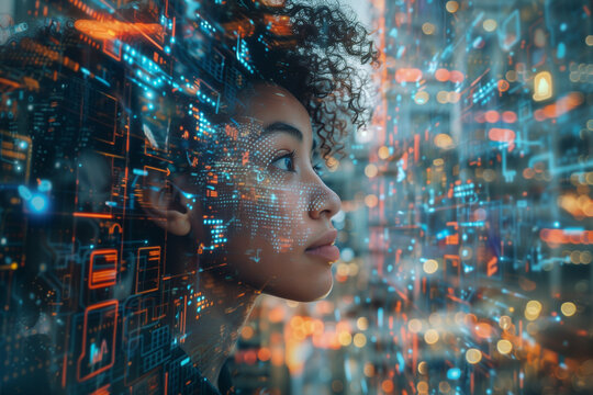 Cyber security concept. Double exposure of young african american woman using digital interface.