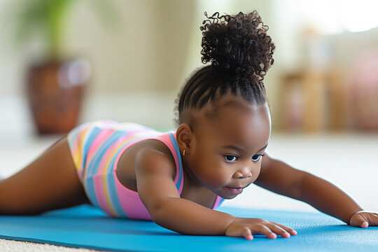 Portrait of cute little african american baby girl crawling on exercise mat at home - Powered by Adobe