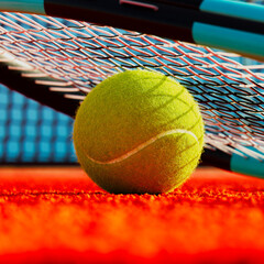 Yellow Tennis Ball on Orange Court with a Racket, Net and Blue Stands