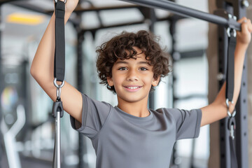 Boy exercising with pull-up machine in gym