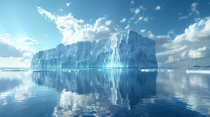 Large Iceberg in Ocean Melting with Blue Skies Above. Global Warming and Climate Change Concepts. - obrazy, fototapety, plakaty