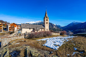 Church of Saint Peter in Puy-Saint-Pierre, a hillside Alpine village located above Briançon in the Hautes Alpes department of the French Alps, France - obrazy, fototapety, plakaty