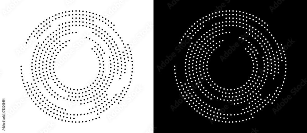 Aufkleber Modern abstract background. Halftone dots in circle form. Spiral logo, icon or design element. Black dots on a white background and white dots on the black side.