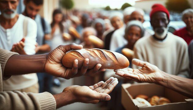 They extend their hands, serve, and donate bread to a line of hungry people in need. A generous volunteer movement to help the disadvantaged in difficult war times.