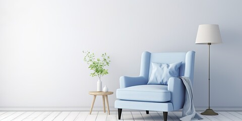 Simple white living room complemented by a blue armchair.