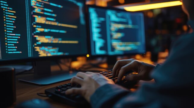 Close-up of a programmer's hands typing on a backlit keyboard, with lines of code displayed across multiple computer screens. AIG41