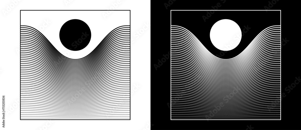 Poster art sun concept background. tattoo template or logo with lines. black shape on a white background an