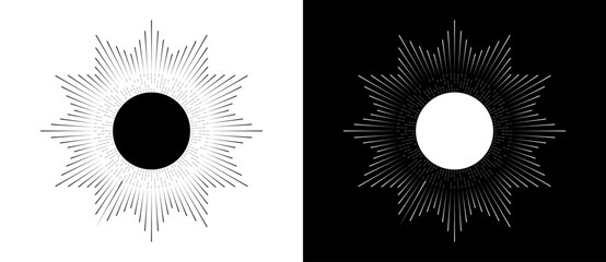 Abstract sun concept with artistic geometric lines around circle. Tattoo styles, logo or icon. Black shape on a white background and the same white shape on the black side. - obrazy, fototapety, plakaty