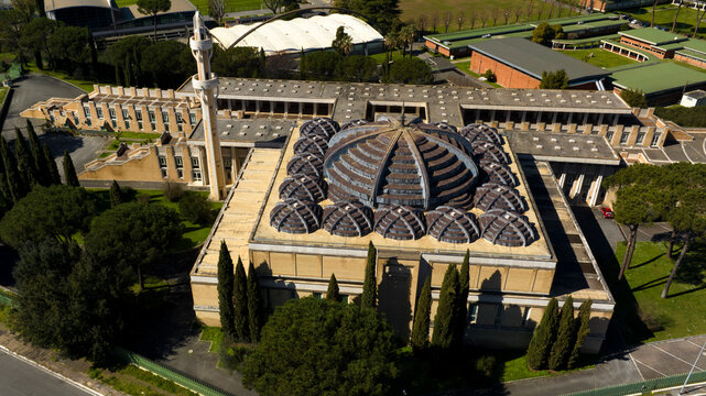 Aerial view of the Mosque of Rome, the largest mosque in the Western world. It is the seat of the Italian Islamic Cultural Centre and it's located in Parioli district, north of Rome, Italy.