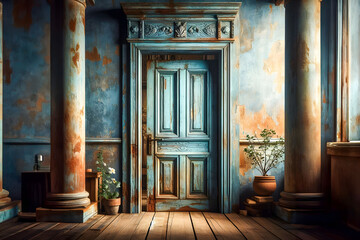 Vintage elegance meets rustic charm in a sunlit room with a distressed blue door - Powered by Adobe
