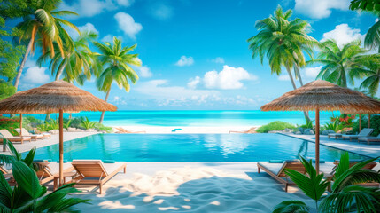 Hotel with a swimming pool on the ocean, sun loungers with straw umbrellas, Palm tree on a tropical beach with white sand, blue sky and white clouds abstract background, banner with Copy space